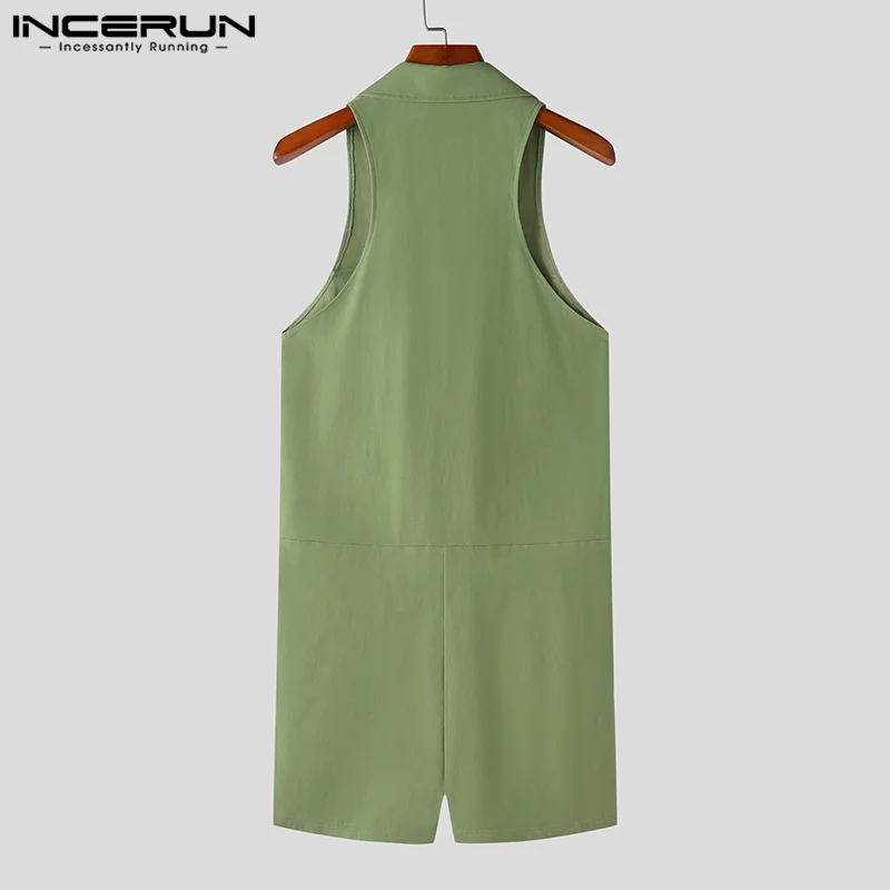 Fashion Casual Style Men Hommwear Bodysuits Tight V-neck Zipper Rompers INCERUN Solid Flat Angle Sleeveless Lapel Jumpsuit S-5XL