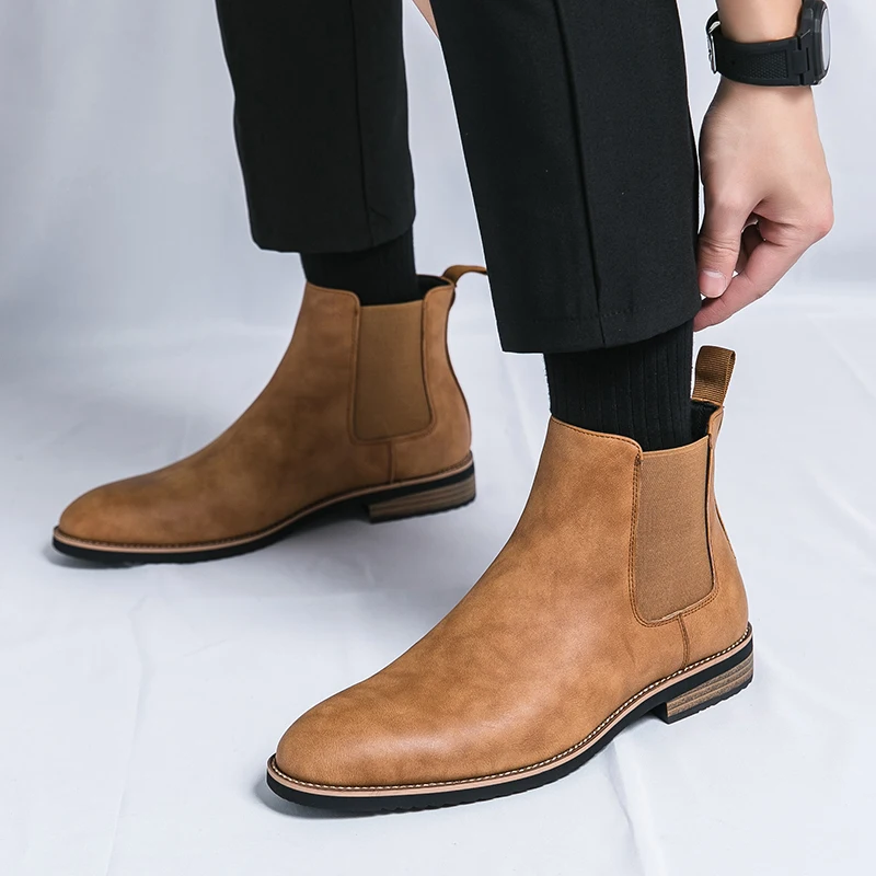 Street Style Men's Pointed Brown Black Chelsea Ankle Boots British Designer Botas Trend Casual Luxury High-tops Punk Rock Shoes