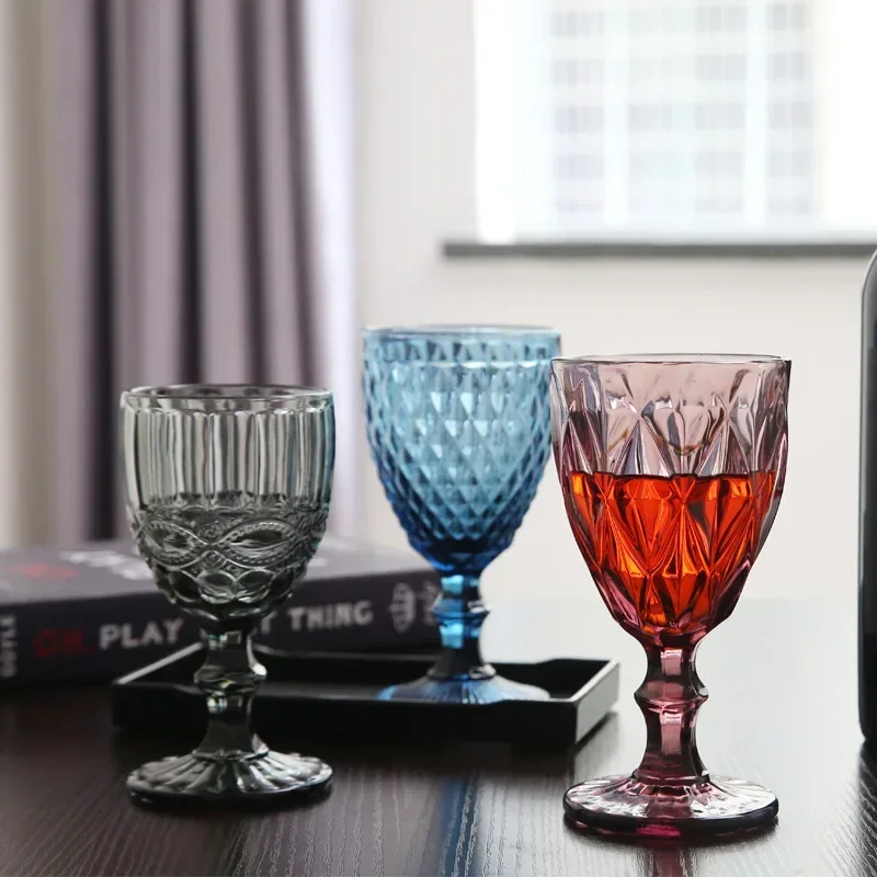 Vintage Relief Colored Glass Wine Glass Thickened Multi-Color Cocktail Drinking Glasses Home Party Restaurant Bar Supplies