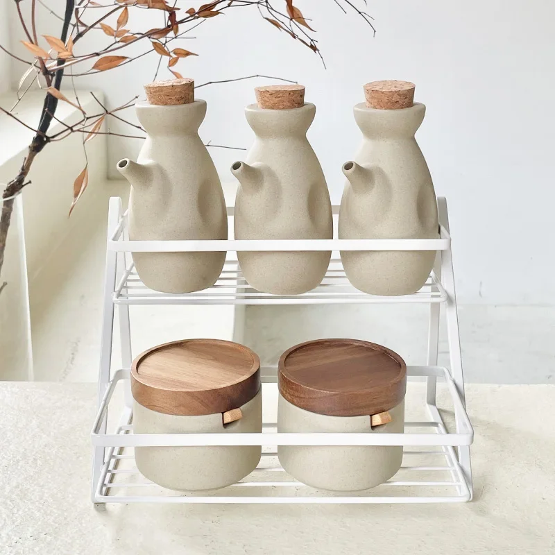 Ceramic Storage Jar Vintage Ceramic Seasoning Jar Japanese Style Home Kitchen Salt Chili Sugar Jar Oil Pot Wooden Lid Spice Kitchen Utensils Modern