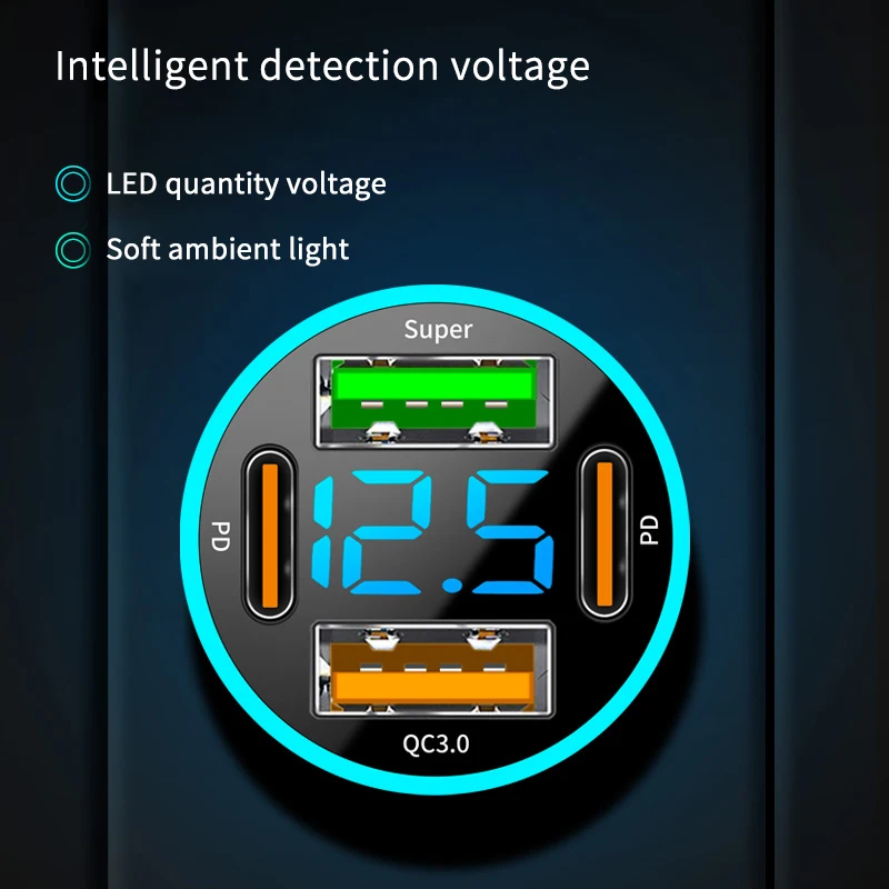 4 Port PD QC3.0 USB C Car Charger Fast Charging Type C Car Phone Charger Adapter For iPhone Samsung Xiaomi Huawei LED Display