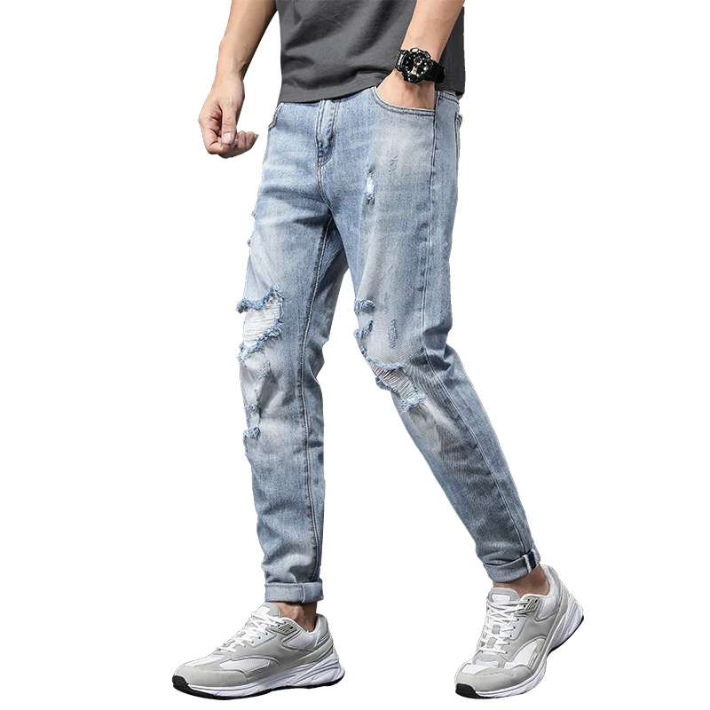 

Hip Hop Jeans Men Slim Fit Light Blue Stretch Ripped Jeans For Man Distressed Frayed Destroyed Streetwear Moto Biker Jeans Male