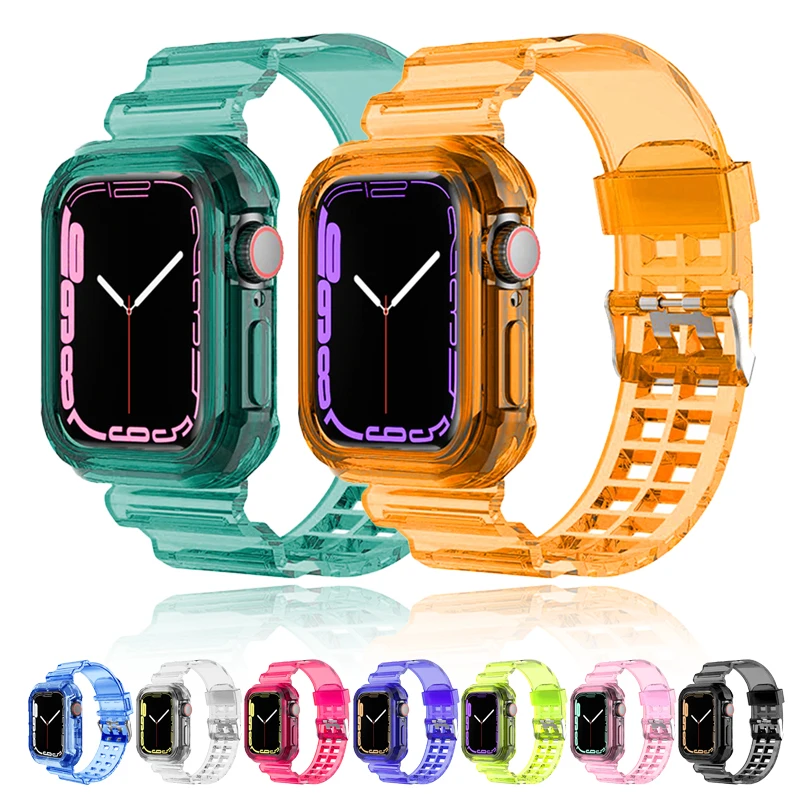 Clear Band + Case for Apple Watch Series 9 8 7 6 SE 5 49mm 45mm 44mm 42mm  41mm Transparent for iwatch 3 38mm 40mm Plastic Strap