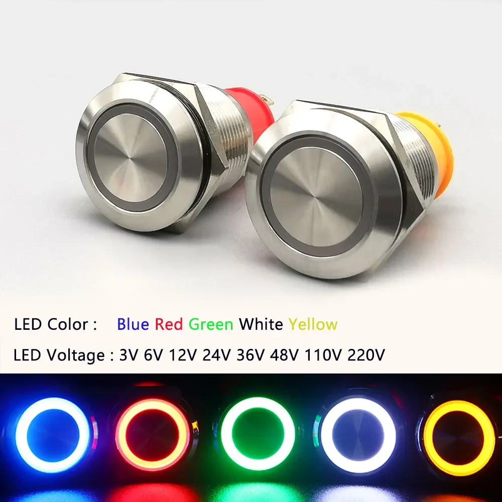 YUESHUN 19mm 10A 15A 20A Large Current Metal Momentary Latching Push Button 1NO Ring LED 12V 220V  Light Switches