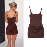 Women's Dress 2025 Autumn New Arrivals Reddish-Brown Spaghetti Strap Sexy Bodycon Mini Dress with Tie Details Stylish and Unique