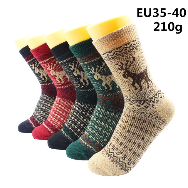 5 Pairs Winter Warmer Women Thicken Thermal Wool Cashmere Snow Socks Fashion Casual Euramerican National Wool Socks for Women 5 Pairs -YM023