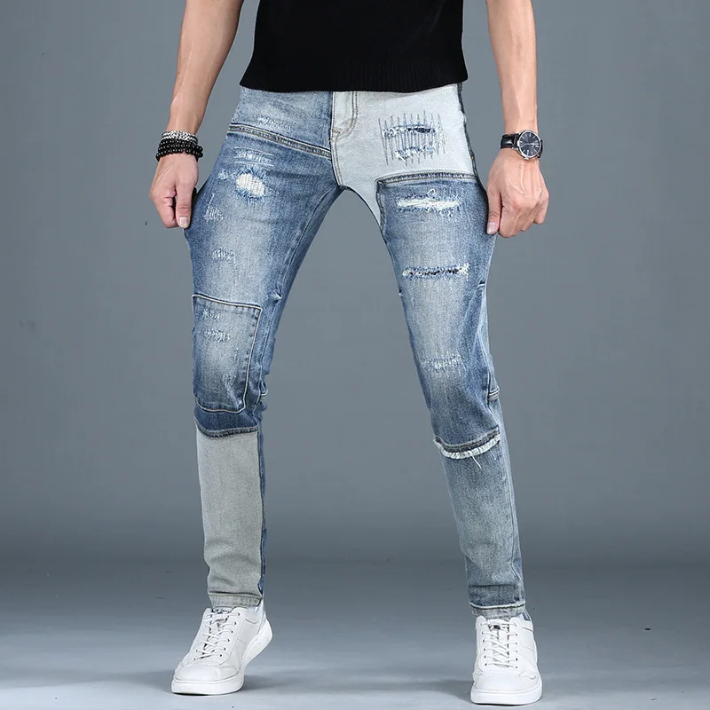 

Street retro ripped jeans men's slim fit ankle-tied trendy Korean style stitching nostalgic washed casual long pants