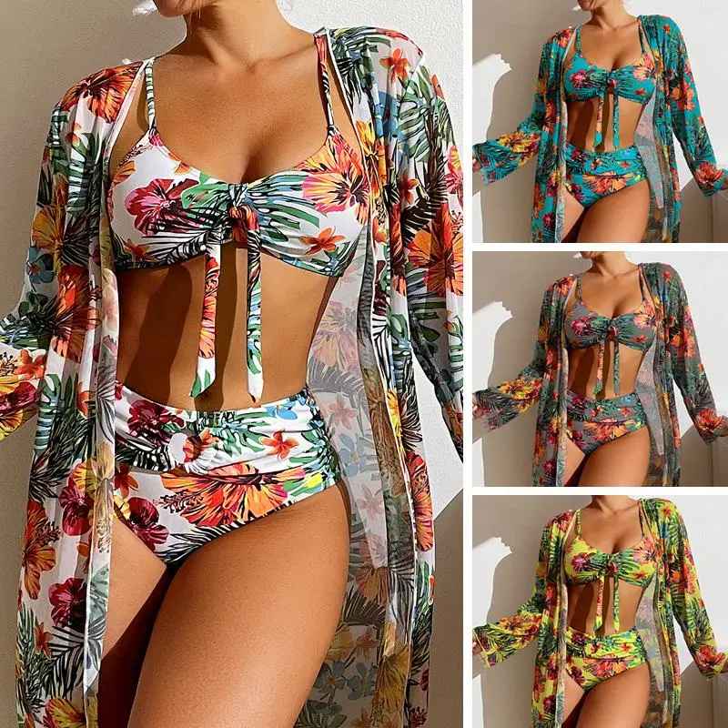 Women Bikini Set Three Pieces Floral Printed Swimsuit Mesh Long-Sleeved Blouse Bra Top with Pad Size S-3XL