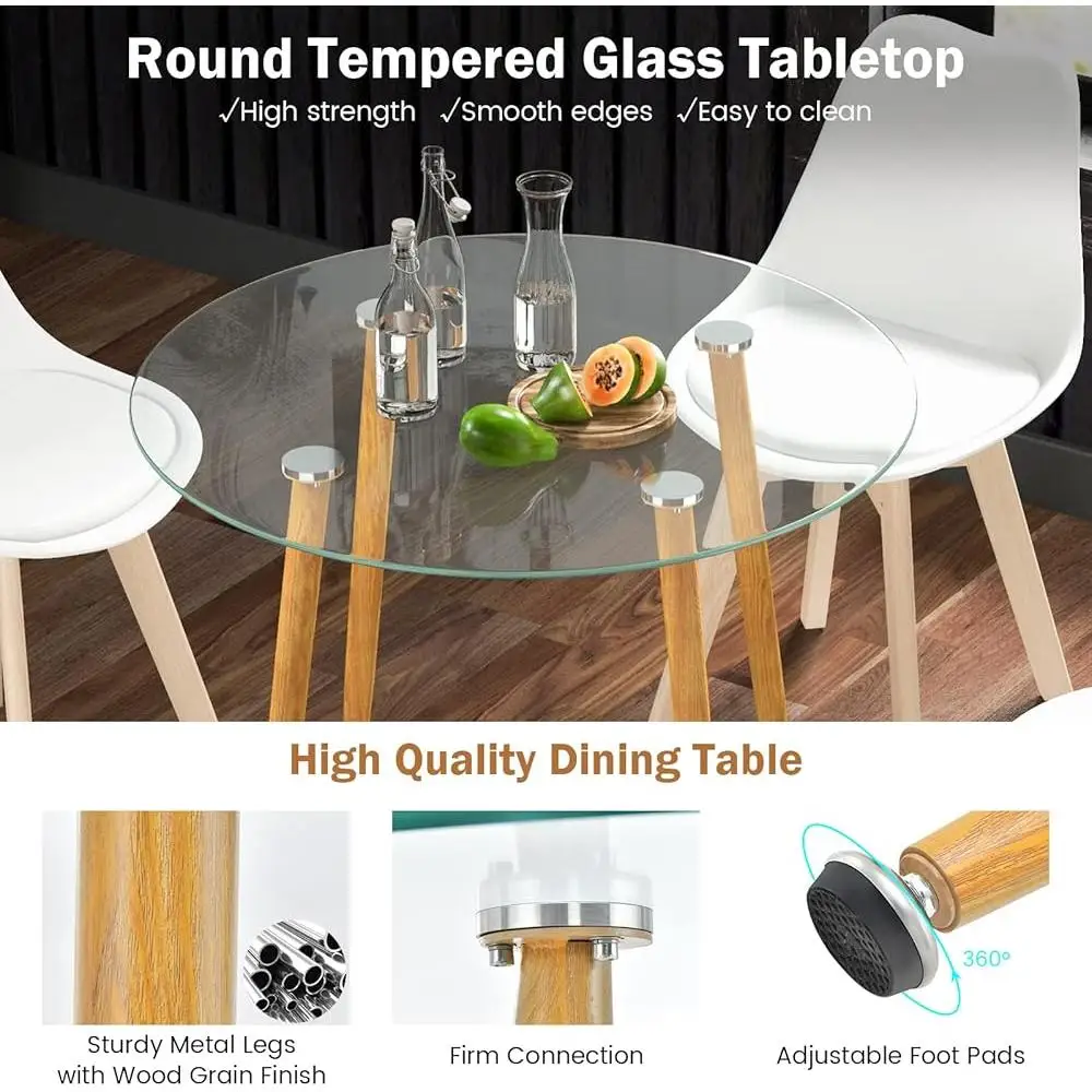 5-Piece Modern Dining Table Set Round Tempered Glass Table 4 High Back Chairs Ergonomic Design Space Saving Easy Assembly Dining 5