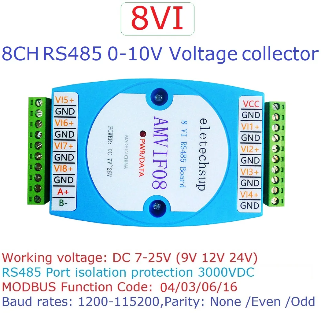 

DC 12V-24V 8AI 8VI 4-20MA 0-20MA 0-10V to RS485 Current Voltage ADC Collector Module MODBUS RTU Board