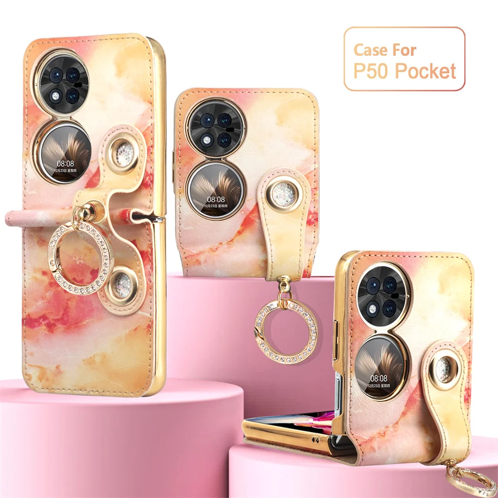 

Luxury Colorful Clouds Wristband Glitter Ring Case for Huawei P50 Pocket Shockproof Finger Ring Grip Folding Protective Cover