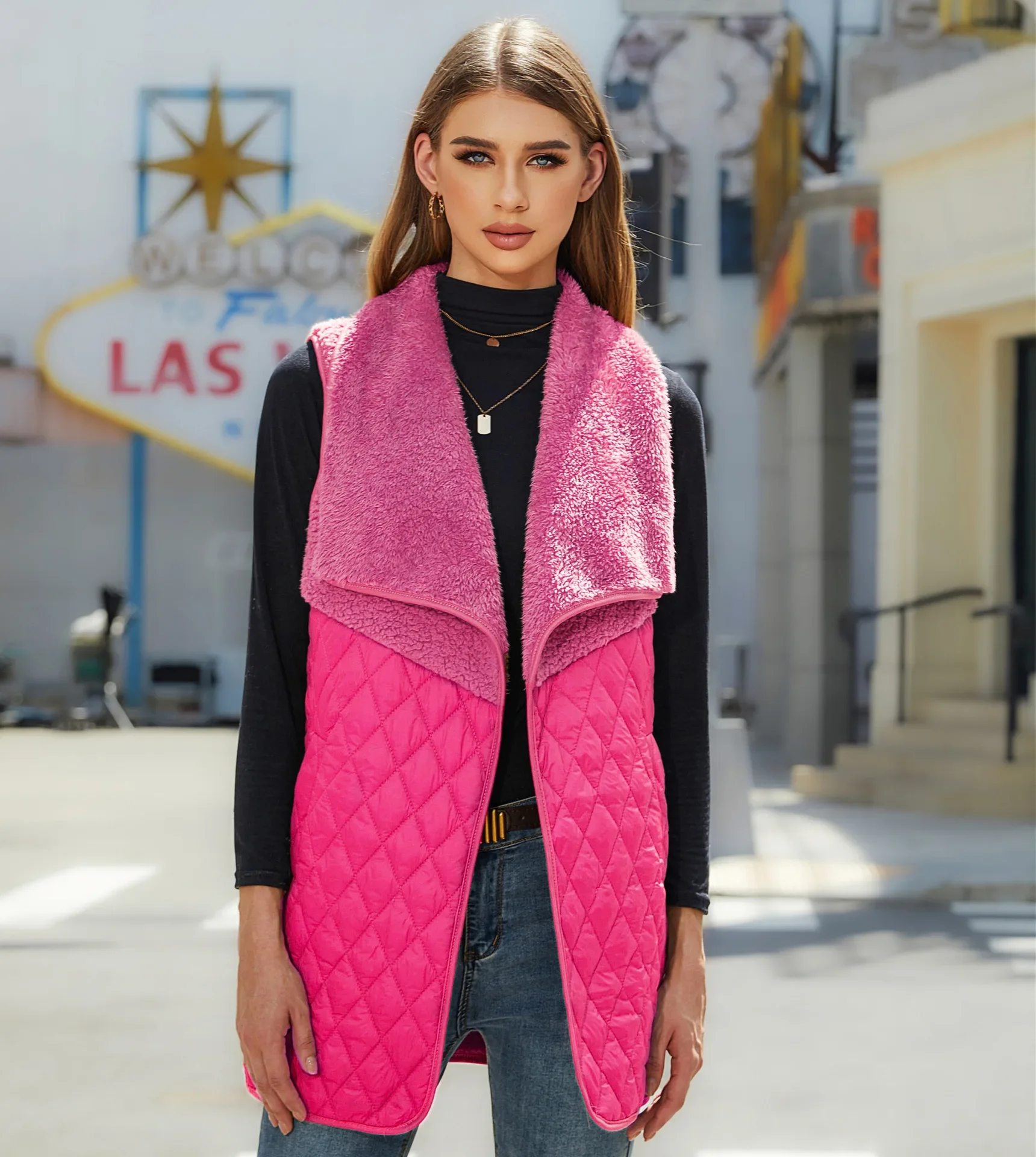 Women's Autumn New Fashion Versatile Plush Spliced Cardigan Sleeveless Coat Majia Girl