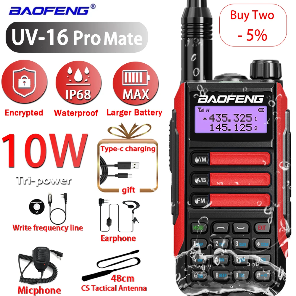 

Baofeng UV16ProMate 10W Walkie Talkie UV-16 ProTransceiver Dual Band CB Ham TwoWay Radio Type-C USB Charger UV9R UV5R Interphone