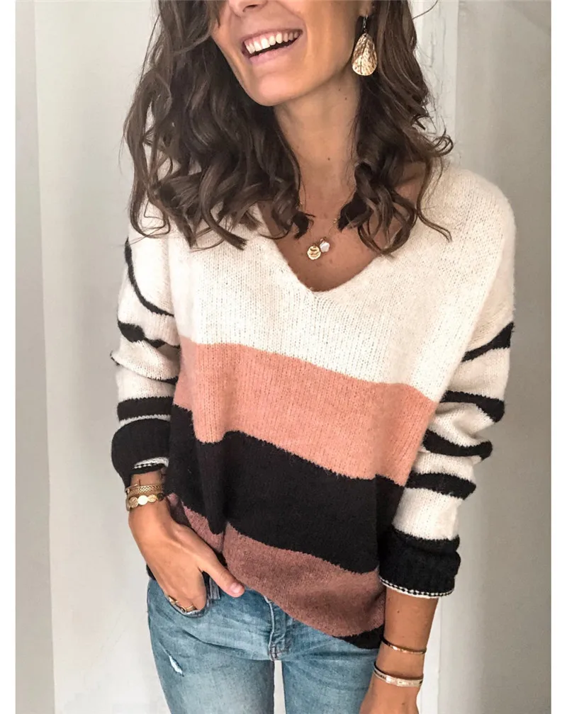 oversized sweaters 2022 Autumn Winter V Neck Knitted Women's Sweaters Striped Pullovers Casual Loose Jumpers Oversized Color-block Sweater Women black sweater Sweaters