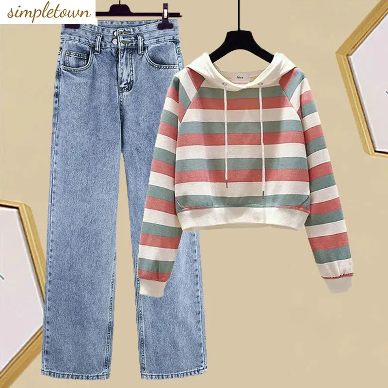 2023 Spring and Autumn Wear Sweet Short Style Small Fragrance Hooded Sweater Jeans Style Korean Two Piece Set Trend