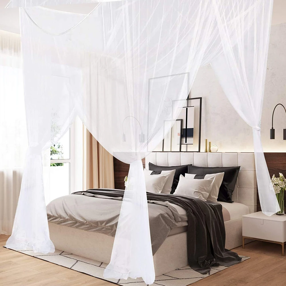 1pc Moustiquaire Canopy White Four Corner Post Portable Square Mosquito Control Mosquito Net Bedroom Sleeping Mosquito Net