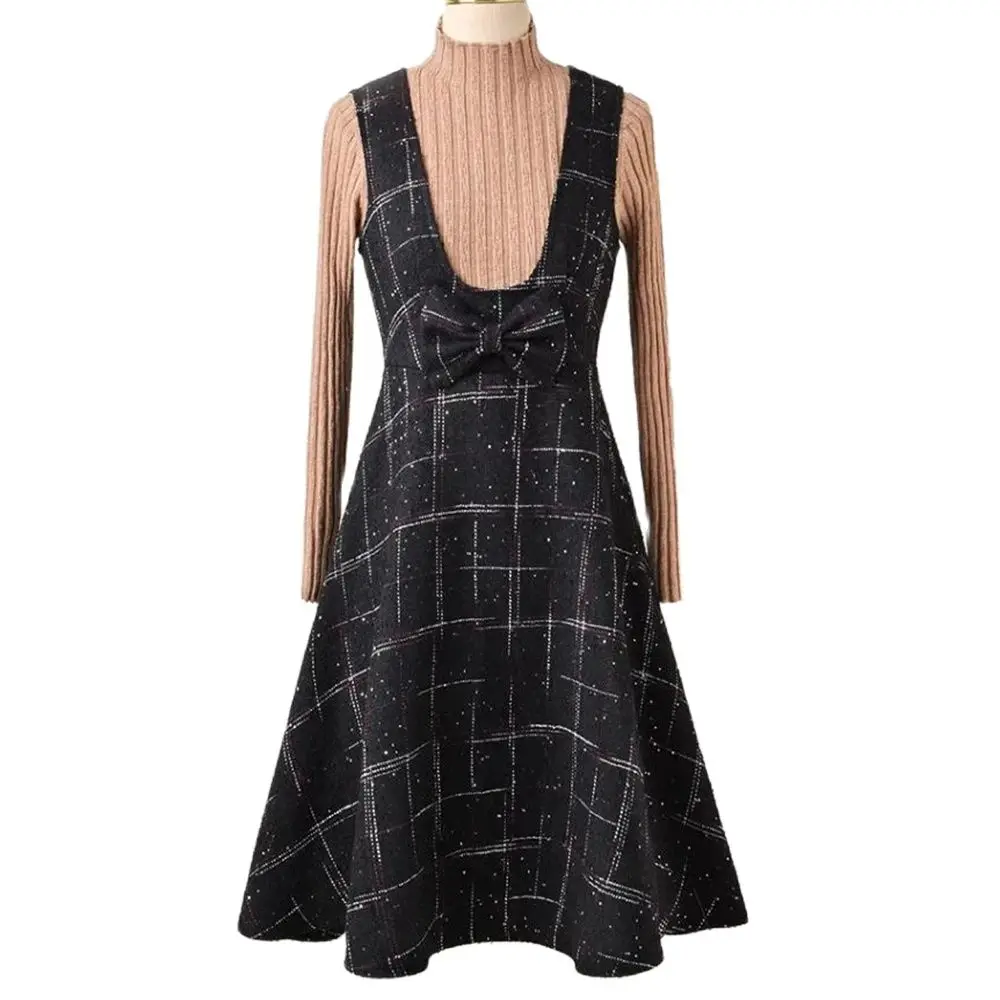 

England Style Fall Robe Winter Women Sundress Plaid Thicken Warm Sleeveless Dress Elegant Vintage Woolen Midi Dress With Belt