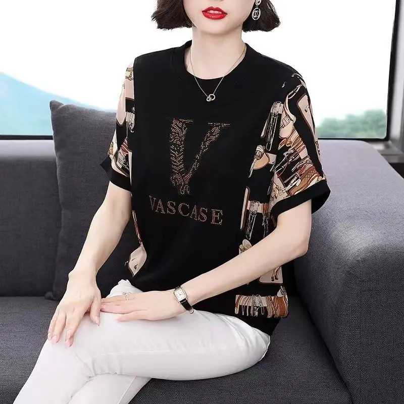 

Female Clothing Round Neck Short Sleeve T-shirt Women's Loose Summer New Oversized Letter Printed Fashion Elegant Vintage Tops