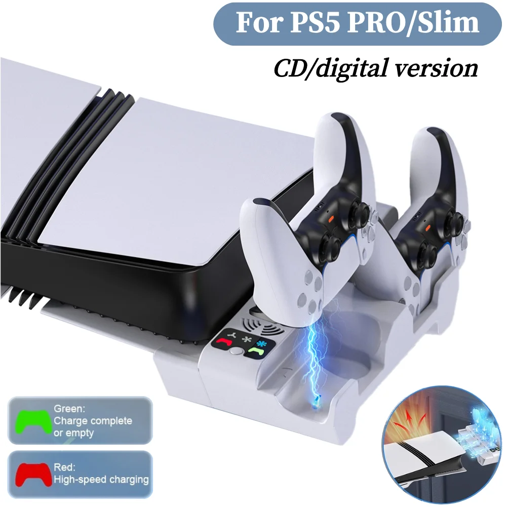 2 Controller Charger with 3-Level Cooling Fan Horizontal Cooling Stand Base Holder with Controller Charging for PS5 Slim/PS5 Pro