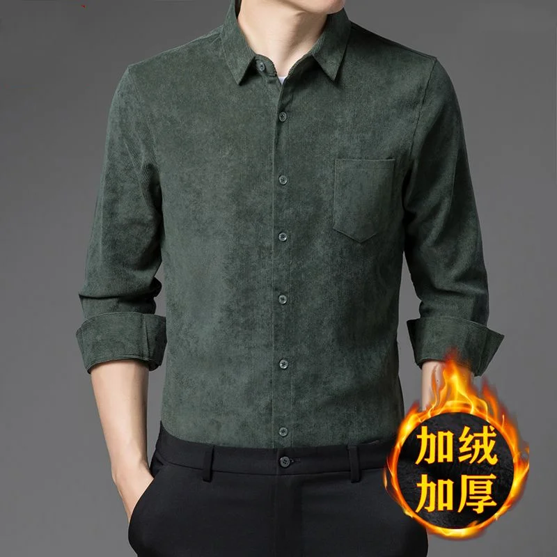 2023 Autumn and Winter Men's New Commuter Solid Corduroy Polo Neck Long Sleeve Thickened Pockets Comfortable Versatile Top