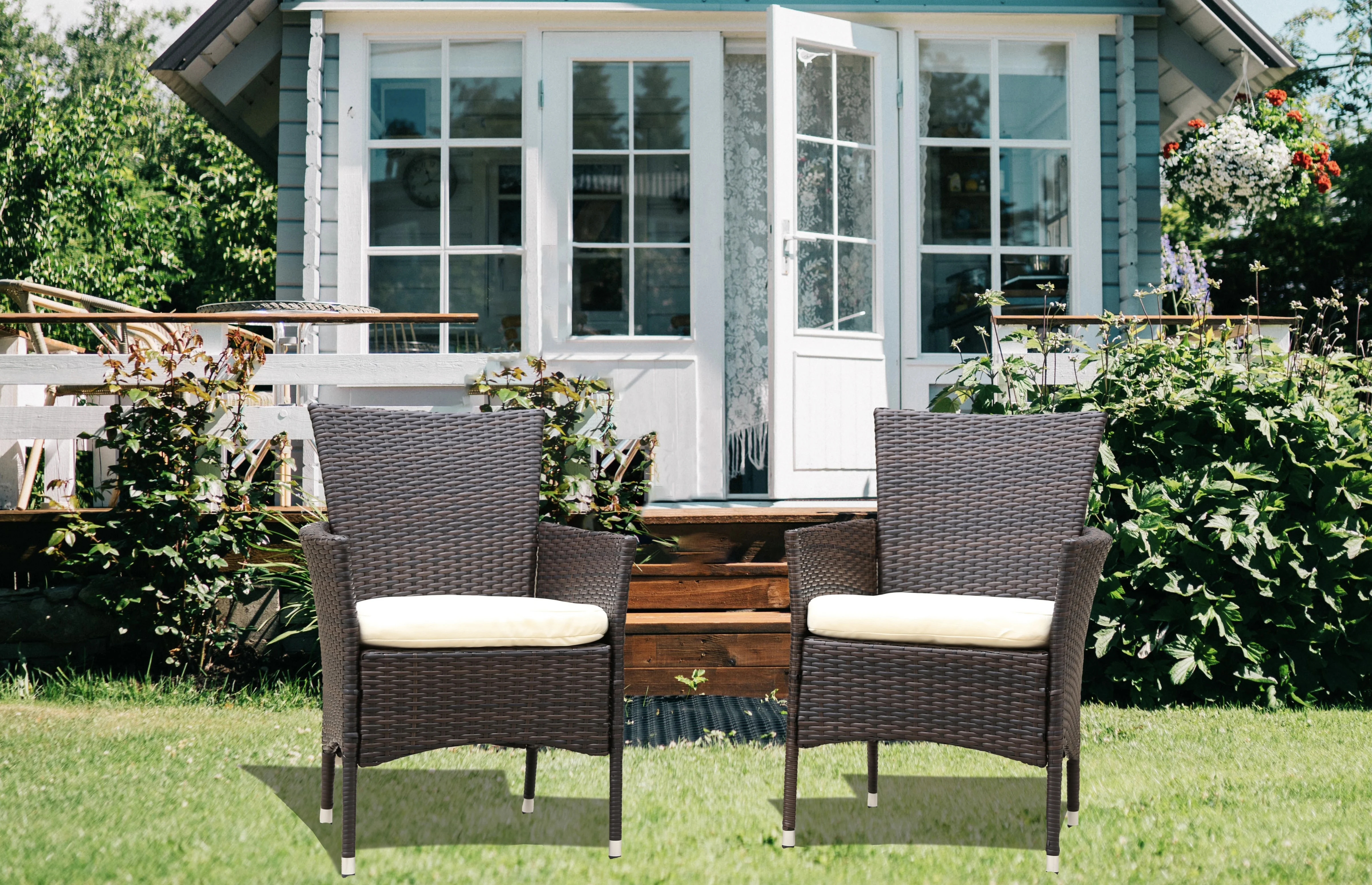 

2Pcs Outdoor Patio Rattan Armchair Seat Brown Wicker Chair with Removable Beige Cushions[US-Stock]