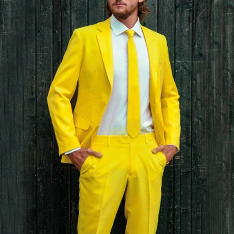 Costume Bright Yellow 2021 Wedding Men's Suit Slim Fit Mens Tuxedo Two Piece Formal Prom Party Suit Custom Made Grooms Suit blazer suit Suits & Blazer