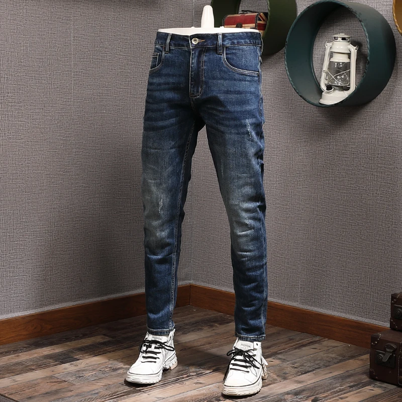 Newly Fashion Vintage Men Jeans High Quality Retro Blue Elastic Slim Ripped Jeans Men Pocket Designer Casual Denim Pants Hombre