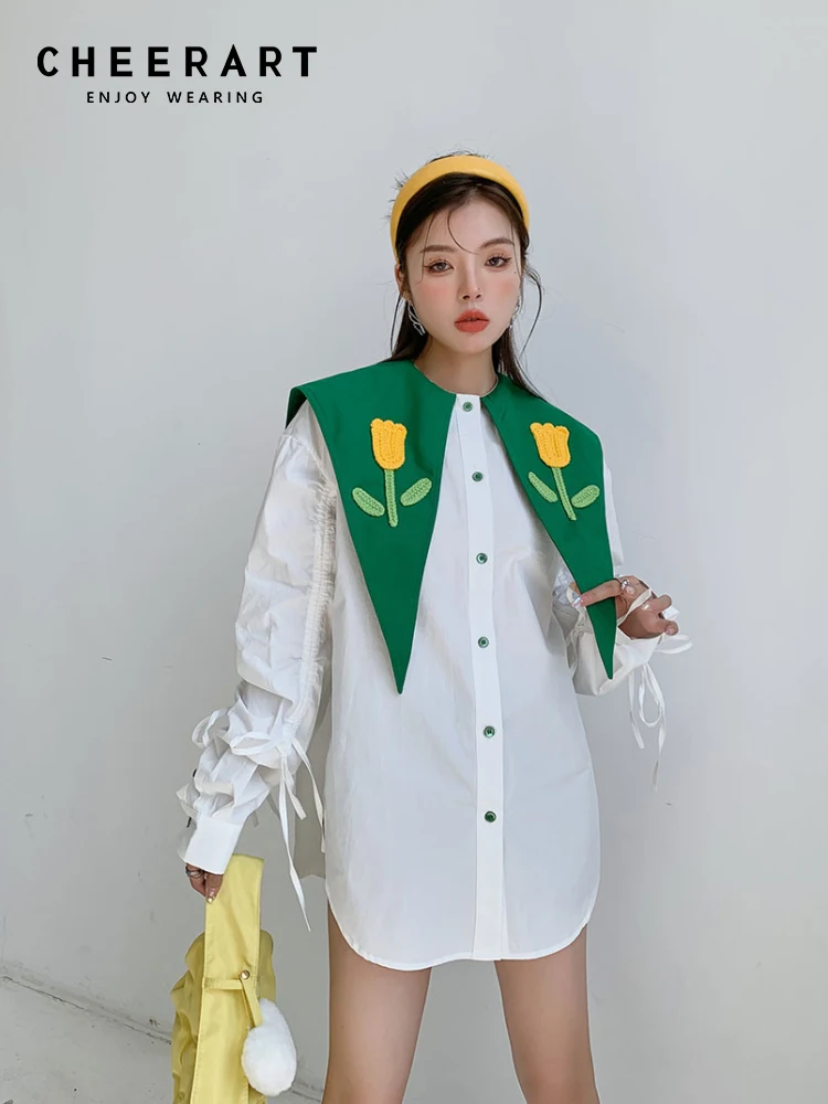 

CHEERART Tulip Sailor Collar Button Up Baggy Shirt For Women Cute Long Sleeve Top And Blouse Korean Fashion Drawstring Shirt