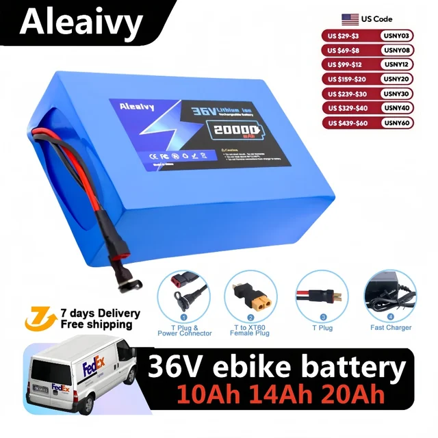 Batterie d'origine Aleaivy 36V 48V 10Ah 14Ah 16Ah 20Ah 18650 pour vélo 200-2000W, vélo, scooter et autres moteurs 1