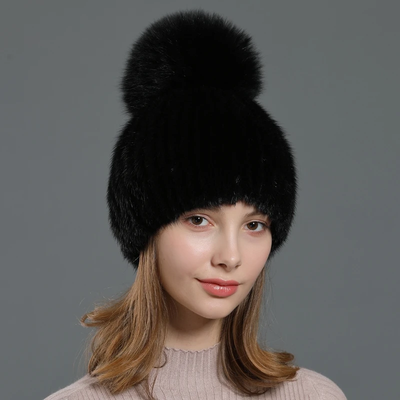 

CX-C-16M Hot Sale Real Mink Fur Knitted Winter Fur Hats with Fox Pom