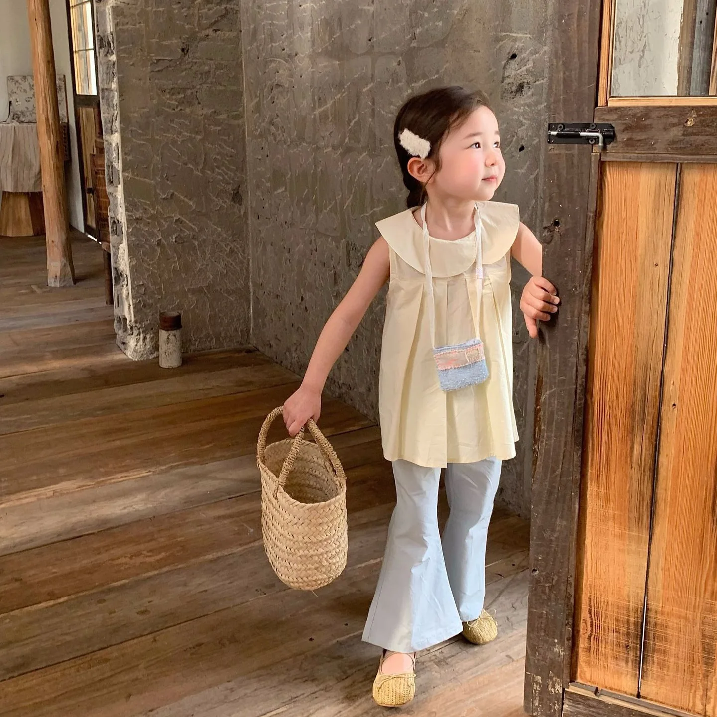 여아 불규칙 칼라 민소매 셔츠, 단색 상의, 한국 스타일 아동복, 여름 신상, 2024
