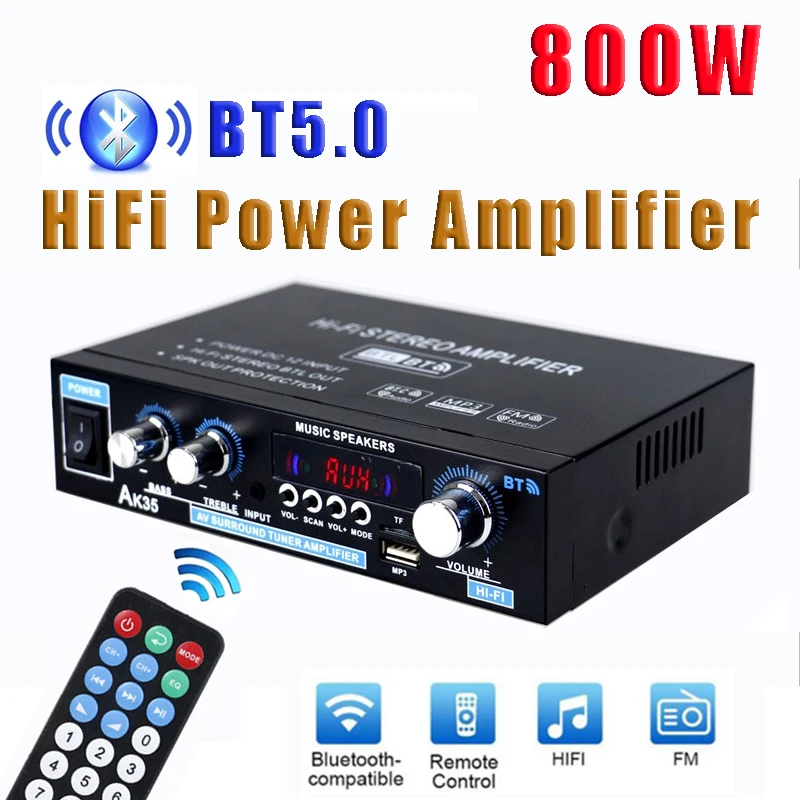 AK35/G919H Home Car Power Amplifiers 2 Channel Mini HiFi Bluetooth AMP Digital Stereo Amplifier FM USB Remote Control Max 1000 W