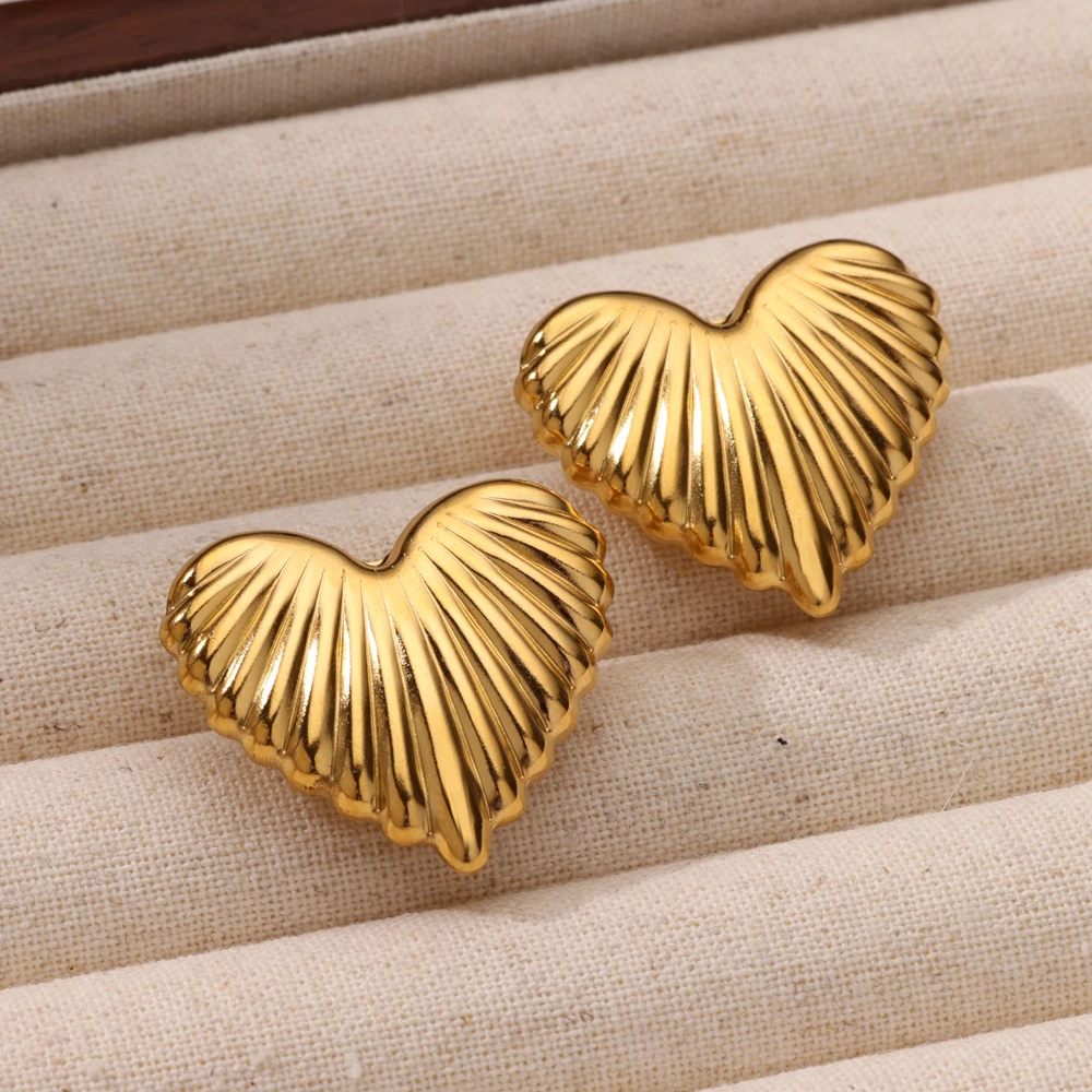 Stainless Steel Heart Stripe Chunky Stud Earrings for Women