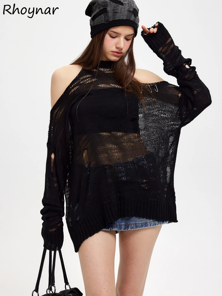 

Solid T-shirts Women Spring Spicy Girls Long Sleeve Hollow Out Baggy Off Shoulder Korean Fashion Leisure Design Simple All-match