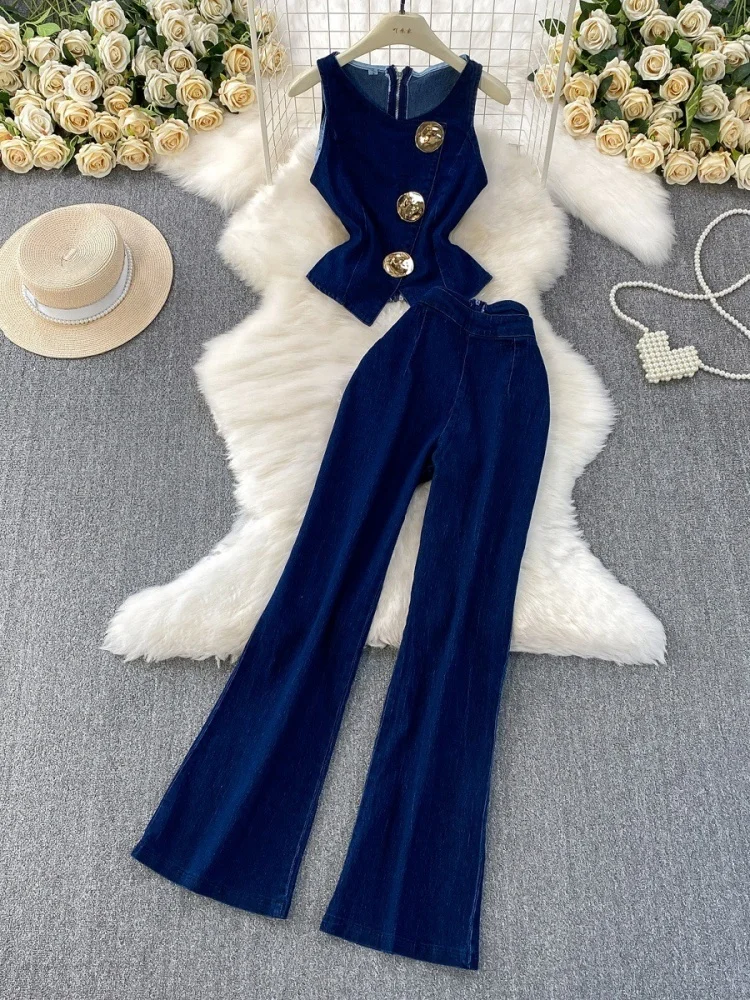 Wmstar Denim Two Piece Sets Women Wholesale Sleeveless Vest Crop Top and Wide Leg Pants Fashion Streetwear  Outfits
