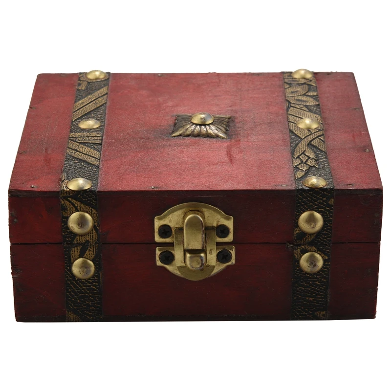 

Vintage Wooden Treasure Chest Storage Box Lock Organizer Case Foldable Mini Small Wood Home Decor Container Trinket Jewelry Bin