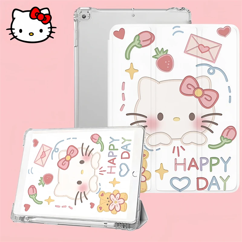 

Sanrio HelloKitty MyMelody Ipad Protective Case Kawaii Anime Girl Folding Transparent Pen Slot Anti Fall Soft Protective Case