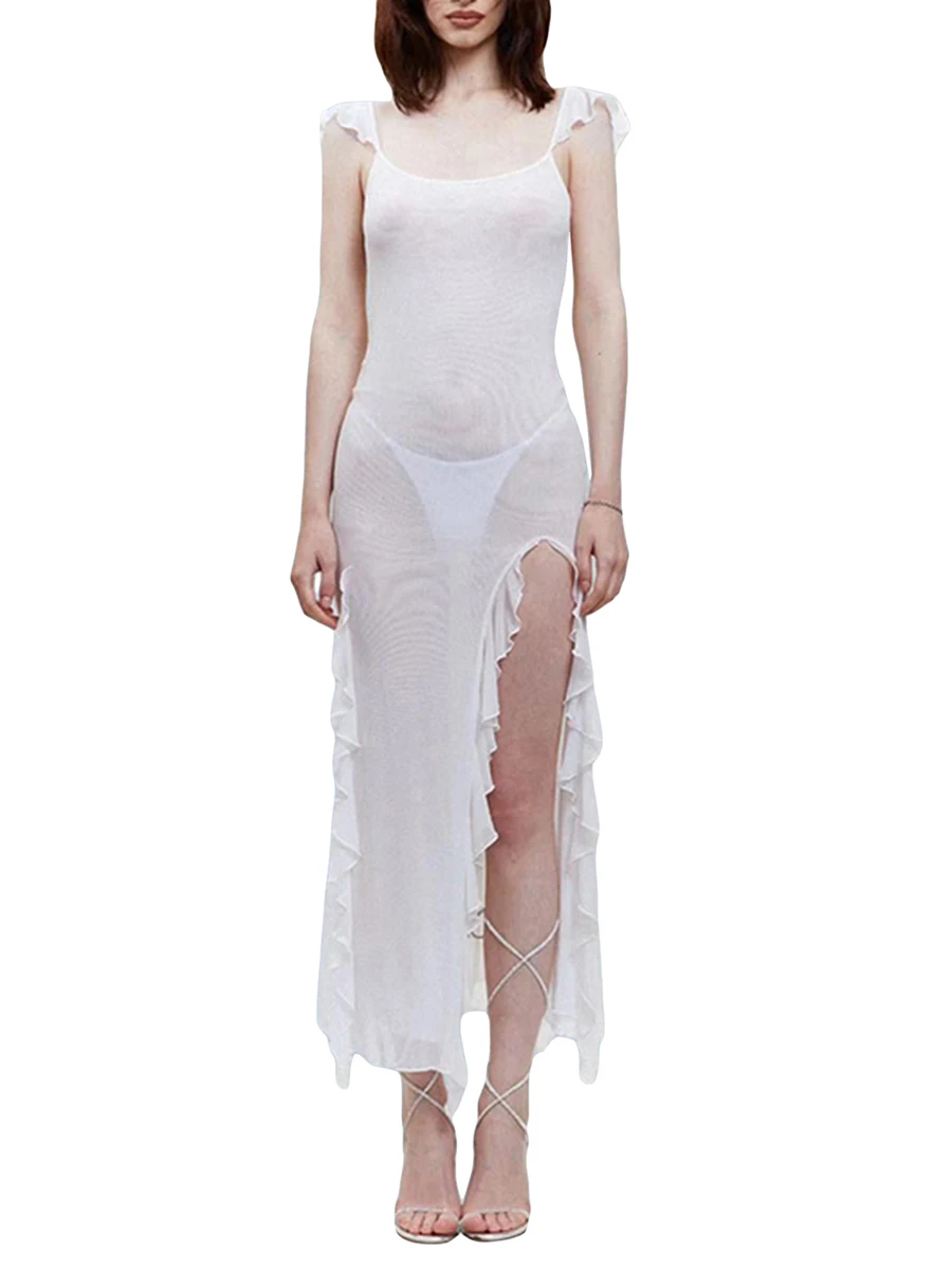 

Women Fairy Sweet Long Bodycon Dress White See-Through Ruffles Backless Sleeveless Dress Summer Tie-Up High Slit Party Dresses