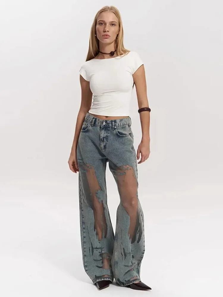 Y2k Cut-out Gradient Woman's Denim Pants Mesh Patchwork Low Rise Jeans for Women Baggy Wide Leg Dragging Vintage Denim Trousers 3