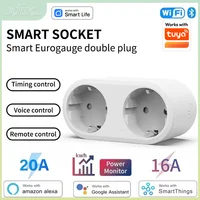 Tuya Wifi Smart Dual Plug Socket Eu 16A 20A 2 in 1 Function with Power Monitor Voice Control Smart Life Works with Alexa Google