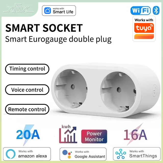 Tuya Wifi Smart Dual Plug Socket Eu 16A 20A 2 ใน 1 ฟังก์ชั่น Power Monitor ควบคุมเสียง Smart Life ทํางานร่วมกับ Alexa Google 1