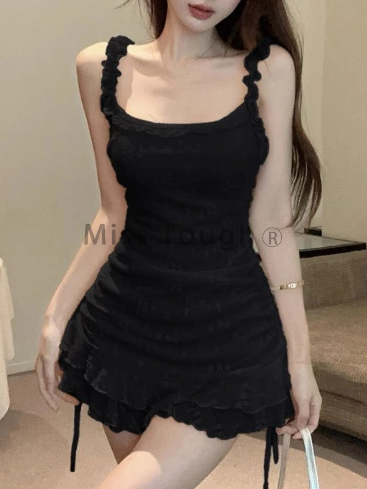 French Sexy Square Neck Slip Dress Women Elegant Slim White Ruffle Hip Dresses Y2k Korea Chic Design Party Dress Tops 2025 New