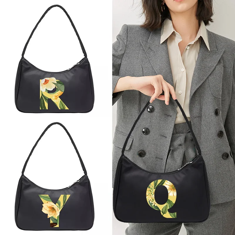 

Women Underarm Bags New Nylon Casual Female Shopping Zipper Purse floral Initial Name Series Armpit Shoulder Bag Summer Handbag