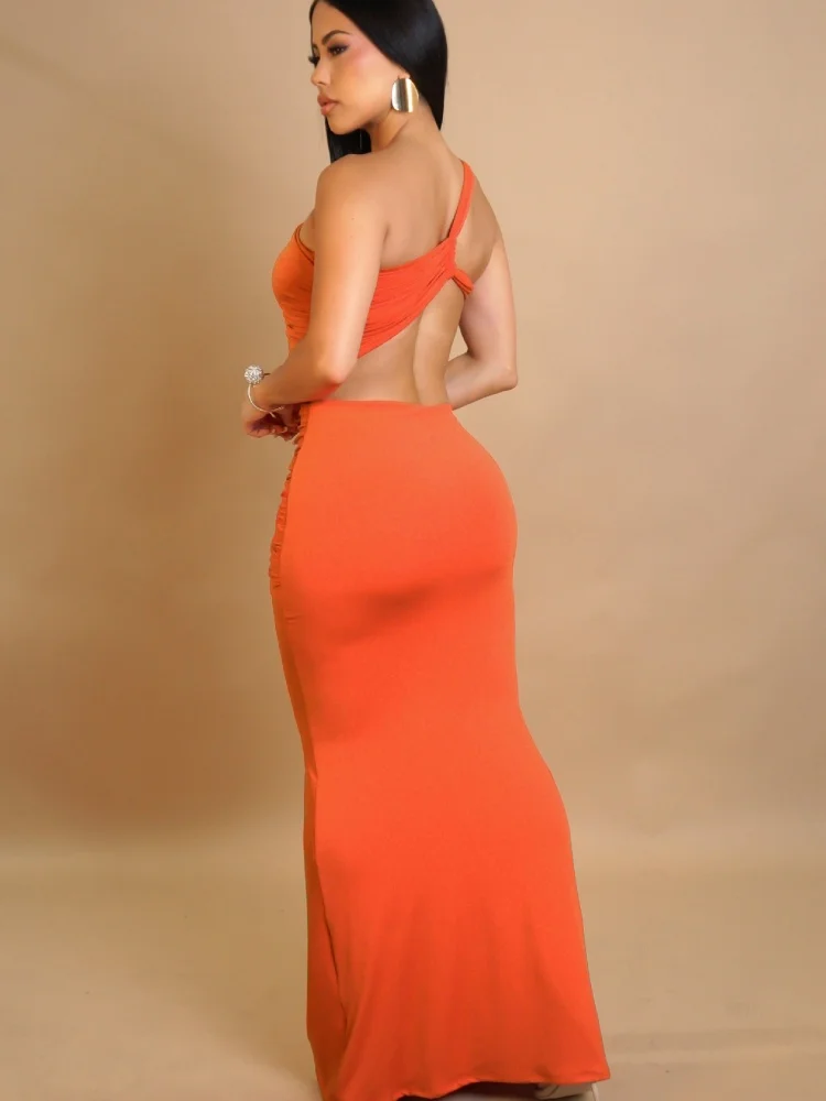 Wmstar Dresses for Women Wholesale Party Sexy Mesh See Through Solid Color Long Dress One Shoulder Pleated Dress Drop Shopping