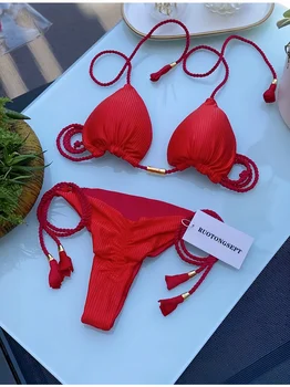 Sexy Braiding rope Bandage Solid Bikini Set Women Swimsuit  Pit strip fabric Triangle Swimwear Bathing Suit Brazilian Biquinis 1