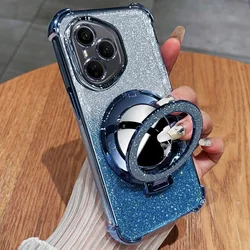 Quicksand Mirror Bear Phone Holder Case with Folding Bracket Cover for OPPO find x6 (Blue)