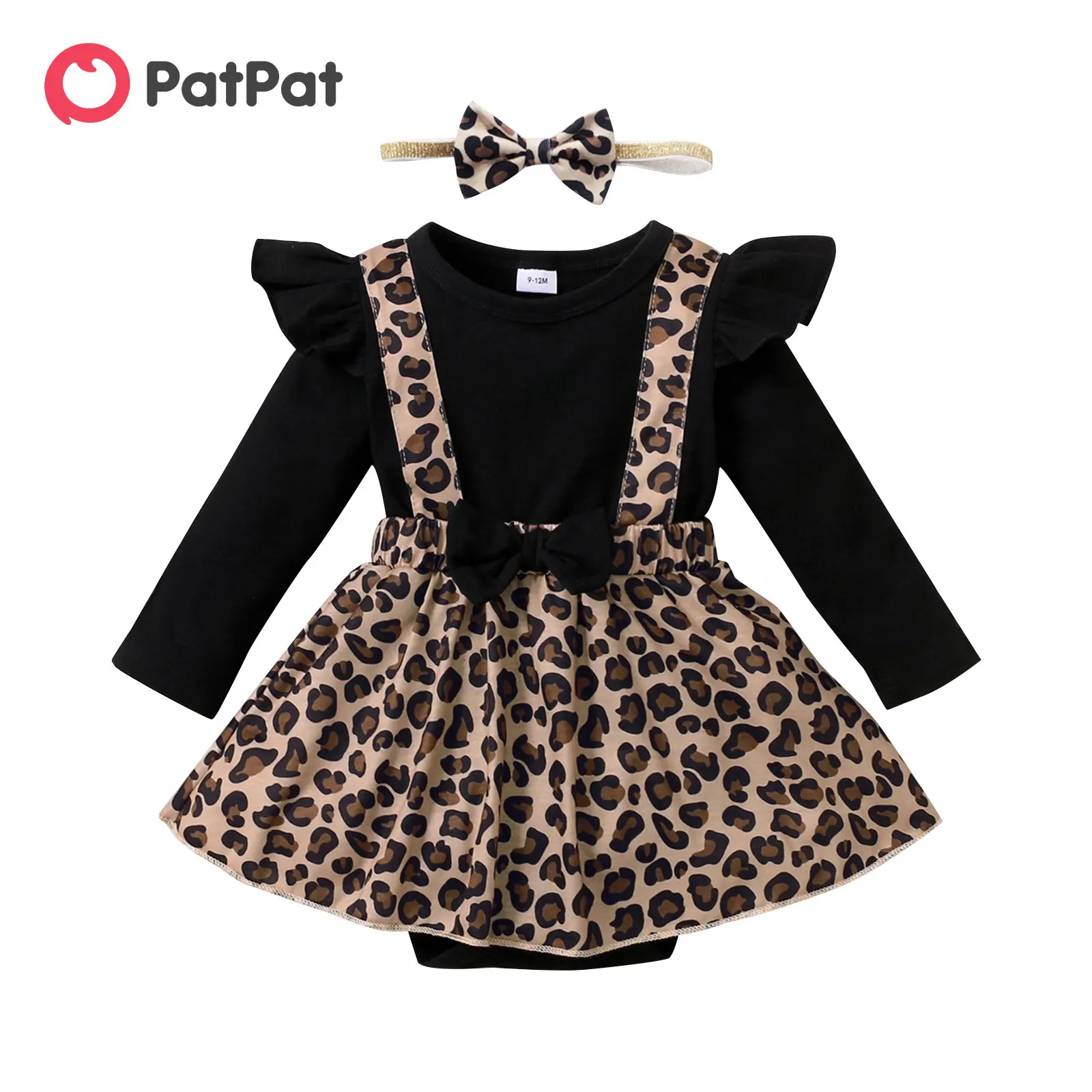 PatPat Baby Girl Leopard Splicing Black Cotton Ruffle Long-sleeve Faux-two Romper Dress
