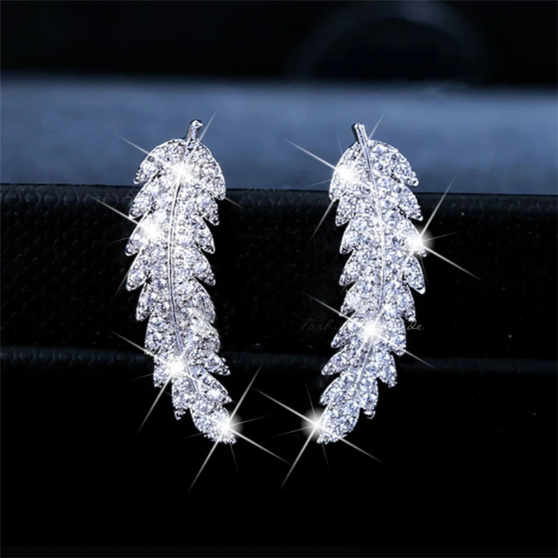 1 Pair Feather Ear Climbers Cuff Earrings Light Luxury Crystal Diamonden Wedding Earrings For Women Jewelry