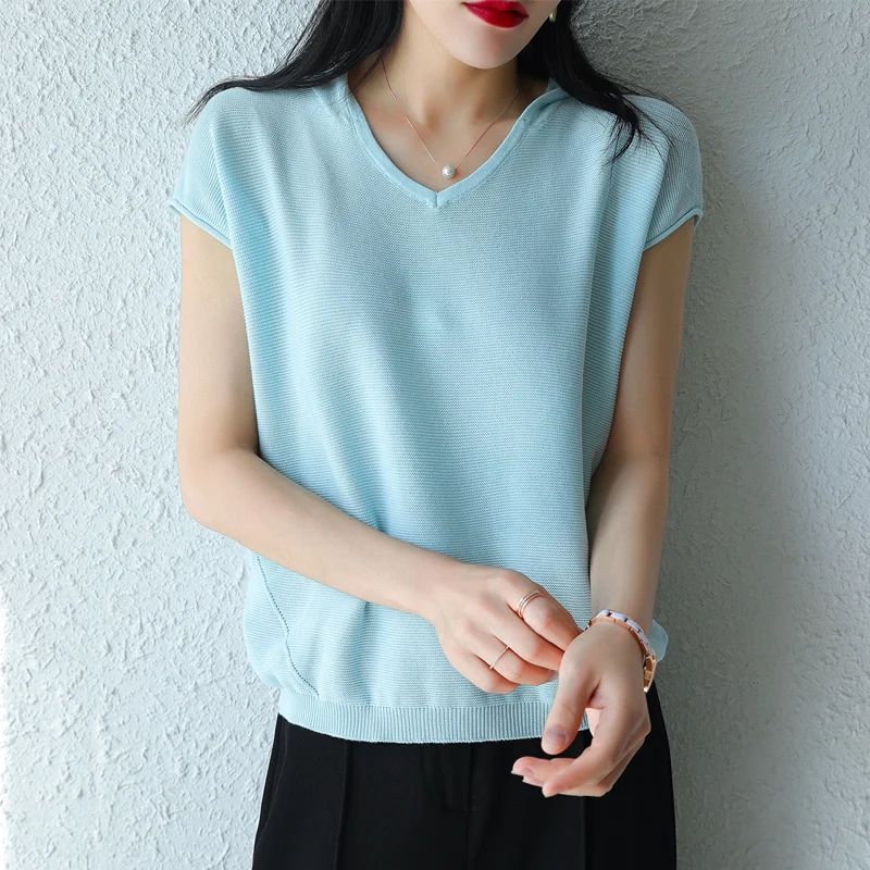 yellow sweater Spring and Autumn Women's Pure Cotton Knit Pullover Short Sleeve Cap Collar Loose and Soft Sweaters Sweaters