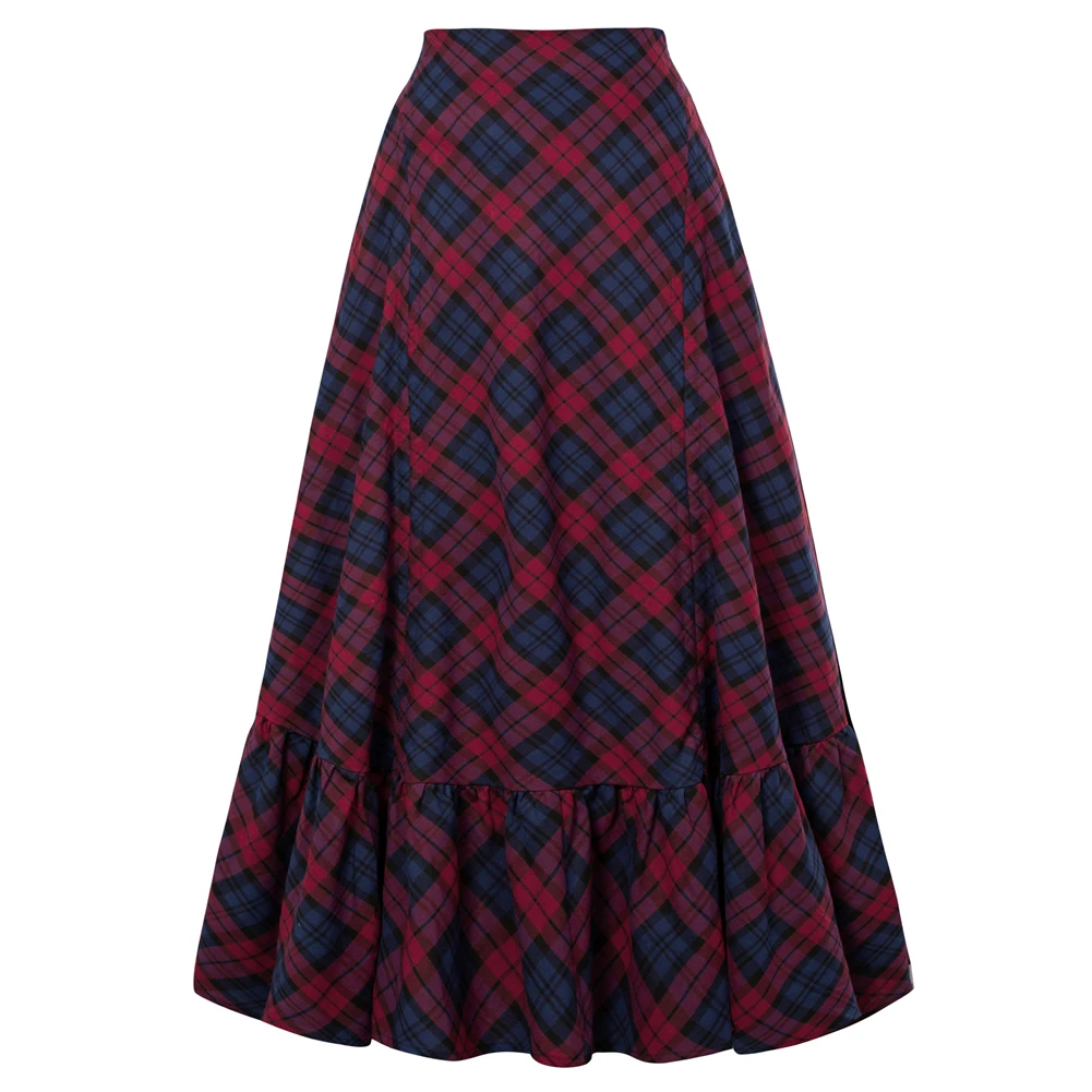 

SD Maxi Skirt Women Lattice Printed Retro Renaissance Cotton Skirt Irregular Casual High Waist Length Adjustable Skirt